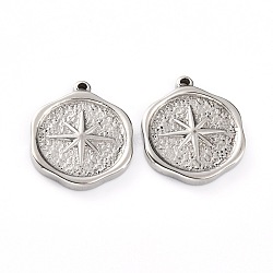 304 Stainless Steel Pendants, Flat Round with Star, Stainless Steel Color, 20x16x3mm, Hole: 2mm(X-STAS-G242-19P)