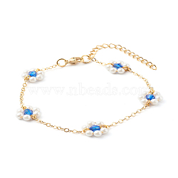 Shell Pearl & Acrylic Beads Flower Link Bracelets, with Brass Cable Chains, Golden, Blue, 2mm, 7-1/4 inch(18.4cm)(X1-BJEW-TA00003-03)