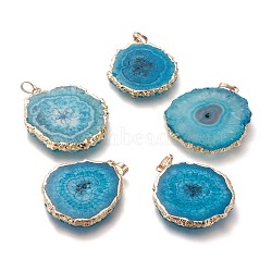 Dyed Natural Druzy Solar Quartz Crystal Pendants, Edge Plated, with Brass Bails, Sunflower, Golden, Deep Sky Blue, 40~50x30~45x5~6mm, Hole: 4x6mm(G-F693-01B-G)