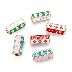 Real 18K Gold Plated Brass Micro Pave Clear Cubic Zirconia Tube Beads, with Enamel, Hexagonal Prism with Word Love, Mixed Color, 22x11x9.5mm, Hole: 4.5x4mm(ZIRC-A020-25G)
