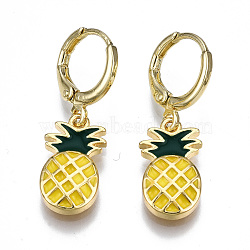 Brass Enamel Huggie Hoop Earrings, Nickel Free, Pineapple, Real 16K Gold Plated, Yellow, 29.5x9.5mm, Pin: 1mm(EJEW-T014-24G-NF)