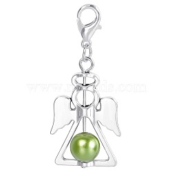 Alloy Angel Pendant Decorations, with CCB Imitation Pearl, Yellow Green, 4.4x1.9cm(KEYC-PW0009-04K)