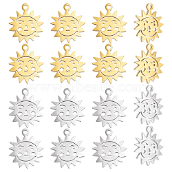 DICOSMETIC 16Pcs 2 Colors 304 Stainless Steel Charms, Laser Cut, Manual Polishing, Sun with Face, Golden & Stainless Steel Color, 14x12x1mm, Hole: 1.4mm, 8pcs/color(STAS-DC0008-16)