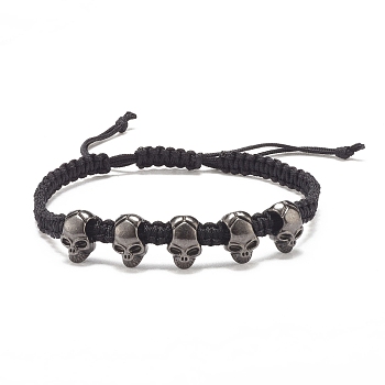 Skull Alloy Braided Bead Bracelet, Halloween Adjustable Bracelet for Women, Gunmetal, Inner Diameter: 2-3/8~3-3/8 inch(5.9~8.7cm)