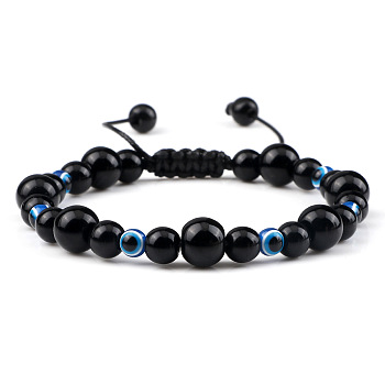 Round Natural Obsidian Braided Beaded Bracelets, Adjustable Evil Eye Resin Bracelets for Women Men