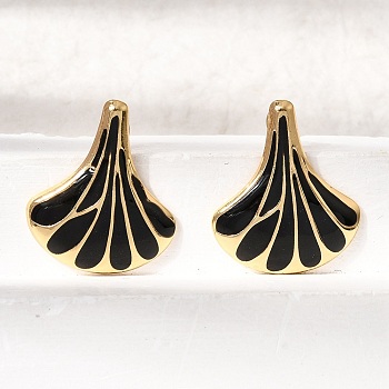 Brass Stud Earrings for Women, with Enamel, Shell Shape, Rack Plating, Long-Lasting Plated, Lead Free & Cadmium Free, Real 18K Gold Plated, Black, 26x22mm