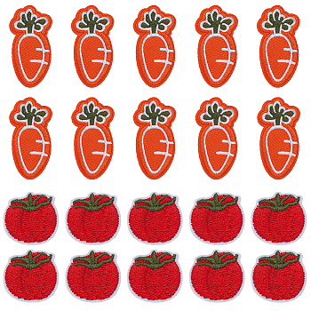 28Pcs 2 Style Tomato & Carrot Non Woven Fabric Embroidery Iron on Applique Patch, Sewing Craft Decoration, Vegetable Pattern, 25~55x26~29x2~2.5mm, 14pcs/style