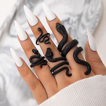 Alloy Snake Gothic Stackable Finger Rings Set for Women, Electrophoresis Black, Inner Diameter: 17mm, 4Pcs/set