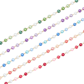 5Pcs 5 Color Handmade Glass Pearl Beaded Chain, with Gold Plated Iron Eye Pins, Unwelded, Mixed Color, 14x8mm, 1M/pc