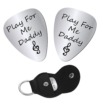 201 Stainless Steel Guitar Picks, with PU Leather Guitar Clip, Plectrum Guitar Accessories, for Father's Day, Word, Picks: 32x26x1mm, 2pcs, Clip: 115x47x1.3mm, Inner Diameter: 24mm, 1pc