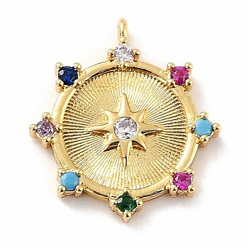 Eco-Friendly Brass Micro Pave Cubic Zirconia Pendants,  Cadmium Free & Lead Free, Round, Real 18K Gold Plated, 17x15x2.5mm, Hole: 1mm