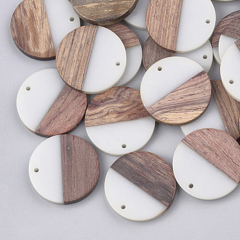 Resin & Wood Pendants, Flat Round, Creamy White, 28.5x3.5~4mm, Hole: 1.5mm