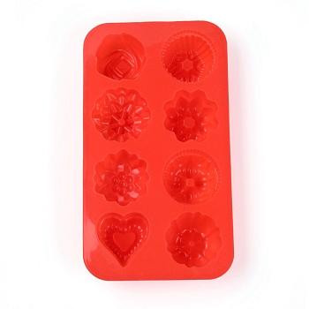 8-Cavity Floral & Heart Shaped Fondant Molds, Food Grade Silicone Molds, for Homemade Cake Chocolate Cupcake, UV Resin & Epoxy Resin Craft Making, Red, 208x115x26mm, Inner Diameter: 40~46x40~46mm