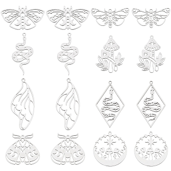 16Pcs 8 Style 201 Stainless Steel Pendants, Laser Cut, Mixed Shapes, Stainless Steel Color, 18~41.5x18~36x1mm, Hole: 1.5~1.6mm, 2pcs/style