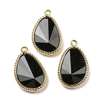 Natural Obsidian Faceted Pendants, Rack Plating Golden Plated Brass Teardrop Charms, 23x15x4~4.5mm, Hole: 1.4mm