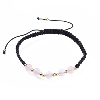 Adjustable Natural Rose Quartz Braided Bead Bracelets, Nylon Cord Square Knot Bracelet, with Brass Findings, Golden, 2 inch(5.2cm)