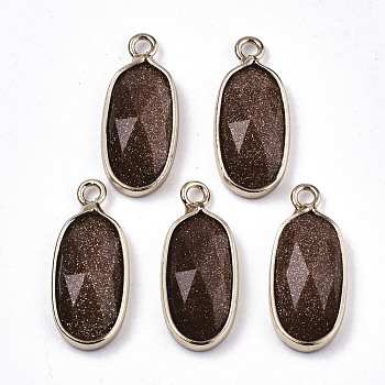 Synthetic Goldstone Pendants, with Light Gold Plated Brass Edge and Loop, Oval, Faceted, 18x8x4mm, Hole: 1.6mm