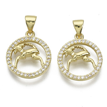 Brass Micro Pave Cubic Zirconia Pendants, Nickel Free, with Snap on Bail, Flat Round with Constellation, Clear, Real 18K Gold Plated, Aries: 17.5x15x2.5mm, Hole: 4x3mm