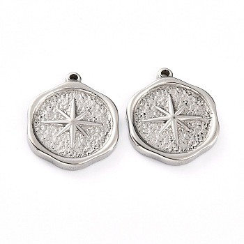 304 Stainless Steel Pendants, Flat Round with Star, Stainless Steel Color, 20x16x3mm, Hole: 2mm