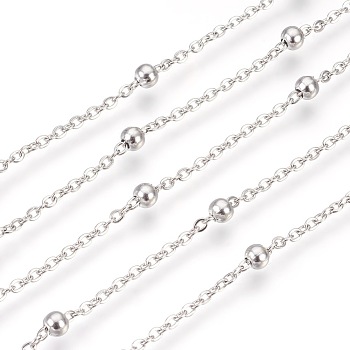 3.28 Feet 304 Stainless Steel Cable Chains, Satellite Chains, with Round Beads, Soldered, Stainless Steel Color, Link: 2.5x2mm, Bead: 4mm