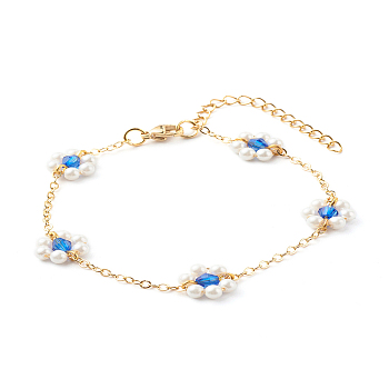 Shell Pearl & Acrylic Beads Flower Link Bracelets, with Brass Cable Chains, Golden, Blue, 2mm, 7-1/4 inch(18.4cm)