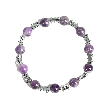 Christmas Theme Natural Amethyst Stretch Bracelets, Halloween Alloy Bat Bracelets for Women Men, 6-3/4 inch(17cm), 8mm