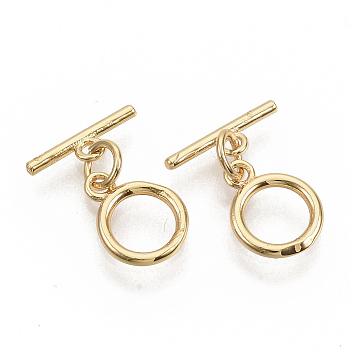 Brass Toggle Clasps, with Jump Rings, Nickel Free, Ring, Real 18K Gold Plated, Ring: 12x9x1.5mm, Hole: 1.2mm, Bar: 12.5x1.5mm, Hole: 1.2mm, Jump Ring: 5x0.8mm.