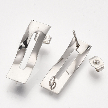 304 Stainless Steel Stud Earring Findings, with Loop and Ear Nuts/Earring Backs, Rectangle, Stainless Steel Color, 24.5x8mm, Hole: 2.5mm, Pin: 0.7mm