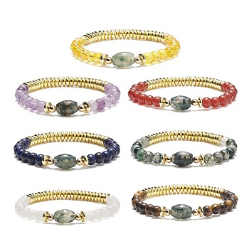 7Pcs 7 Style Natural & Synthetic Mixed Gemstone & Brass Beaded Stretch Bracelets Set, Chakra Yoga Stackable Bracelets for Women, Inner Diameter: 2 inch(5.2cm), 1Pc/style