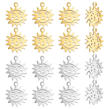 DICOSMETIC 16Pcs 2 Colors 304 Stainless Steel Charms, Laser Cut, Manual Polishing, Sun with Face, Golden & Stainless Steel Color, 14x12x1mm, Hole: 1.4mm, 8pcs/color