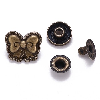 Brass Snap Buttons, Alloy Cap, Garment Buttons, Cadmium Free & Lead Free, Bowknot, Antique Bronze, Cap: 14x17mm, Pin: 3mm, Stud: 10x4mm, knob: 4.5mm & 10x6.5mm, knob: 3.5mm, Socket: 12x4mm, half-drill: 5mm