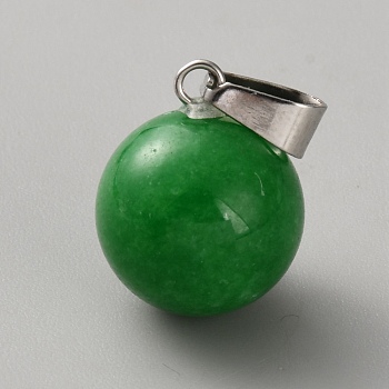 Dyed Natural Malaysia Jade Round Sphere Pendants, Ball Charms with Platinum Tone Iron Snap on Bails, 18x14mm, Hole: 7x3mm