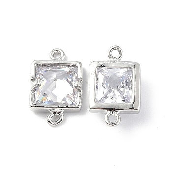 Clear Glass Connector Charms, with Brass Findings, Faceted, Square Links, Platinum, 12x7.5x3.5mm, Hole: 1mm