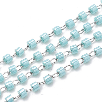 TOHO Japan Import Seed Beads, Handmade Glass Beaded Chains, Soldered, Opaque Colours Lustered, with Stainless Steel Findings, Column, Stainless Steel Color, Aqua, 2mm, about 26.24 Feet(8m)/strand