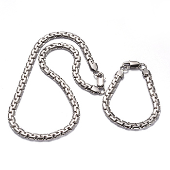 304 Stainless Steel Box Chain Necklaces and Bracelets Jewelry Sets, with Lobster Claw Clasps, Stainless Steel Color, 17.9 inch, 8-1/4 inch~9 inch(210~230mm)