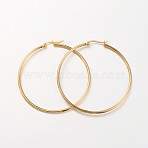 Ion Plating(IP) 304 Stainless Steel Hoop Earrings, Hand Polished Hypoallergenic Earrings, Ring Shape, Real 18K Gold Plated, 55x2mm, 12 Gauge, Pin: 1x0.7mm(X-EJEW-N0016-11G-I)