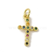 Brass Micro Pave Cubic Zirconia Pendants, Real 18K Gold Plated, Cross Charms, Colorful, 17x10x1.5mm, Hole: 3mm(KK-M283-20C-02)