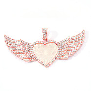 Alloy Pendant Cabochon Settings, with Crystal Rhinestone, Cadmium Free & Lead Free, Heart with Wing, Rose Gold, Tray: 26.5x32.5mm, 47.5x107.5x6mm, Hole: 15mm(PALLOY-S107-001RG-RS)