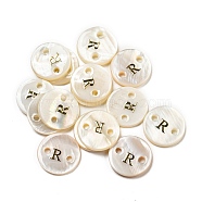 Freshwater Shell Buttons, Flat Round , Letter R, 12x2mm, Hole: 1.6mm(BUTT-Z001-01R)