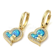 Heart with Owl Rack Plating Brass Micro Pave Cubic Zirconia Hoop Earrings, with Synthetic Opal, Cadmium Free & Lead Free, Long-Lasting Plated, Real 18K Gold Plated, 24x11mm(EJEW-P277-05G)