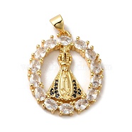 Rack Plating Brass Micro Pave Clear Cubic Zirconia Pendants, Long-Lasting Plated, Lead Free & Cadmium Free, Oval with Saint Charm, Real 18K Gold Plated, 27x21.5x3mm, Hole: 5x3.5mm(KK-F853-20G)