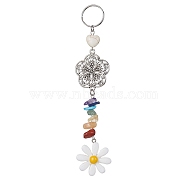 Flower Resin Keychains, with Chakra Gemstone Chip and 304 Stainless Steel Split Key Rings and Tibetan Style Alloy Links, White, 14.5cm(KEYC-JKC00556-05)