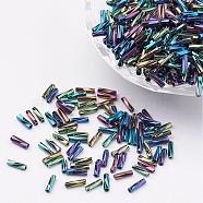 Glass Twisted Bugle Beads, Iris, Colorful, 9x2mm, Hole: 0.5mm, about 7000pcs/bag(SEED-E002-9mm-809#)