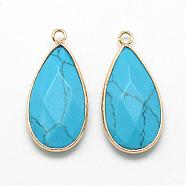 Synthetic Turquoise Pendants, with Golden Tone Brass Findings, Faceted, teardrop, Deep Sky Blue, 32.5~33x16x6mm, Hole: 2.5mm(G-S221-11G)