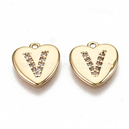 Brass Micro Pave Clear Cubic Zirconia Charms, Nickel Free, Real 18K Gold Plated, Flat Heart, Letter.V, 10x10x1mm, Hole: 1mm(KK-N231-234V-NF)