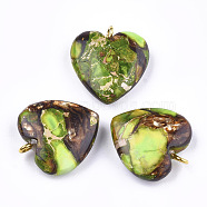 Assembled Bronzite and Imperial Jasper Pendants, with Iron Findings, Heart, Golden, 20~22x19~20x5~7mm, Hole: 2mm(X-G-T111-04H)