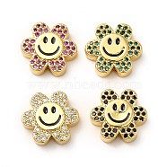 Rack Plating Brass Cubic Zirconia Beads, with Enamel, Real 18K Gold Plated, Long-Lasting Plated, Cadmium Free & Lead Free, Flower with Smiling Face, Mixed Color, 13x14x5mm, Hole: 1.5mm(KK-M232-01G)