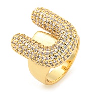 Brass Micro Pave Clear Cubic Zirconia Letter Open Cuff Ring for Women, Real 18K Gold Plated, Letter U, 22x19.5mm, Inner Diameter: 21mm(RJEW-M173-01G-U)