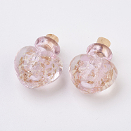 Handmade Luminous Lampwork  Perfume Bottle Pendants, Essential Oil Bottle, with Gold Sand, Heart, Lavender Blush, 25~26.5mm, Hole: 5mm, Bottle Capacity: 0.5~1ml(0.017~0.03 fl. oz)(LAMP-P044-K02)