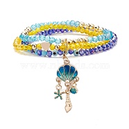 Round Glass Evil Eye Triple Layer Multi-strand Bracelet, Alloy Enamel Shell Shape Charm Stretch Bracelet for Women, Blue, Inner Diameter: 2-1/4 inch(5.7cm)(BJEW-JB08229-04)